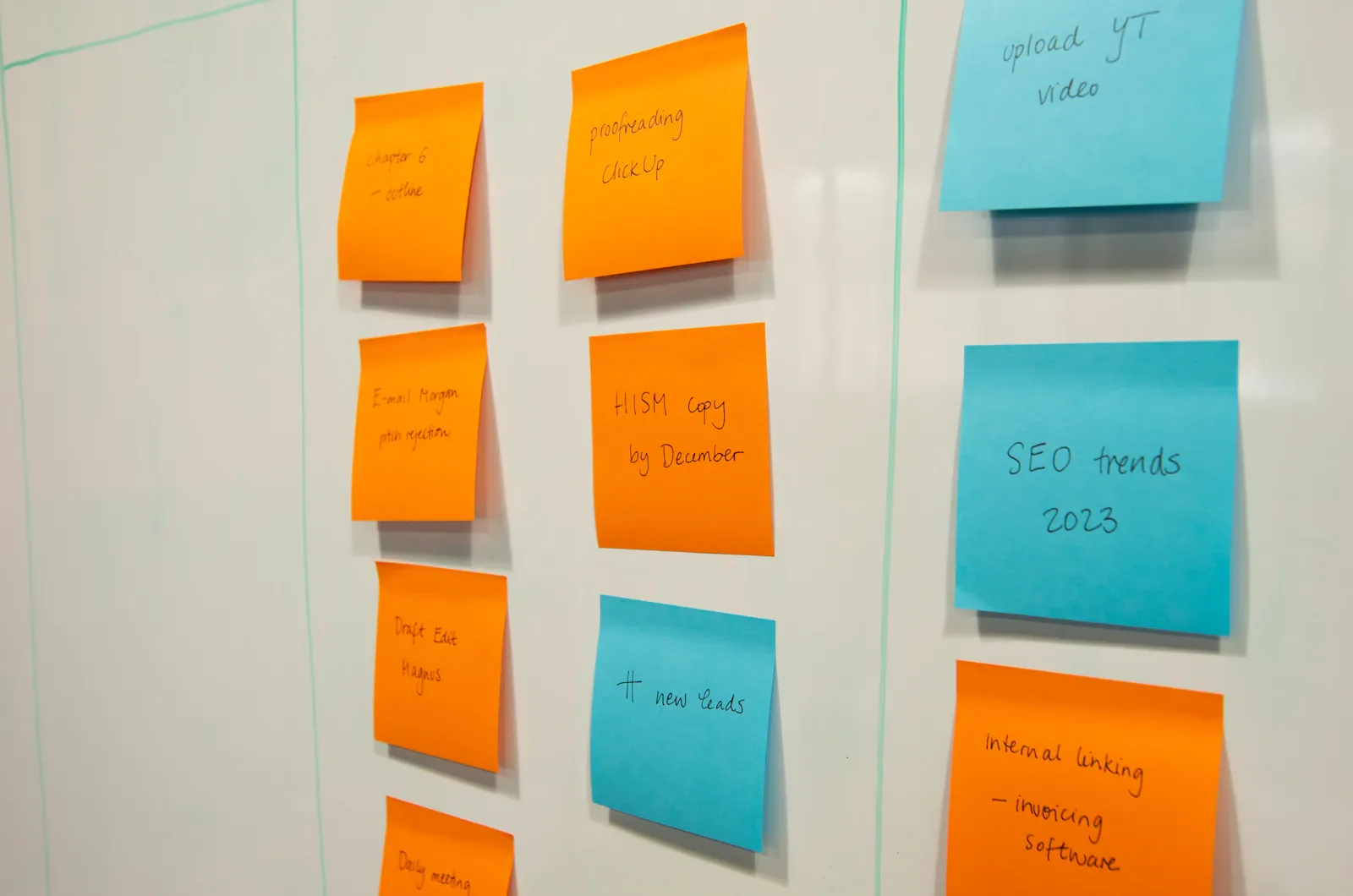 A working planning board with handwritten tasks on orange and blue sticky notes