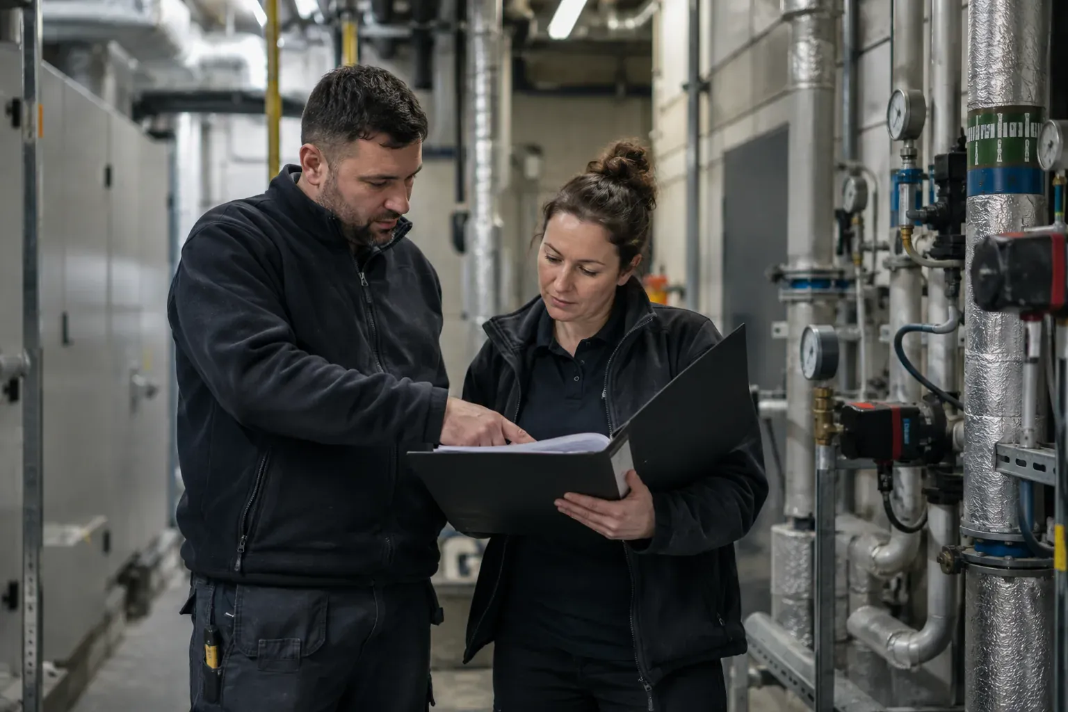 Facilities professionals reviewing building maintenance records