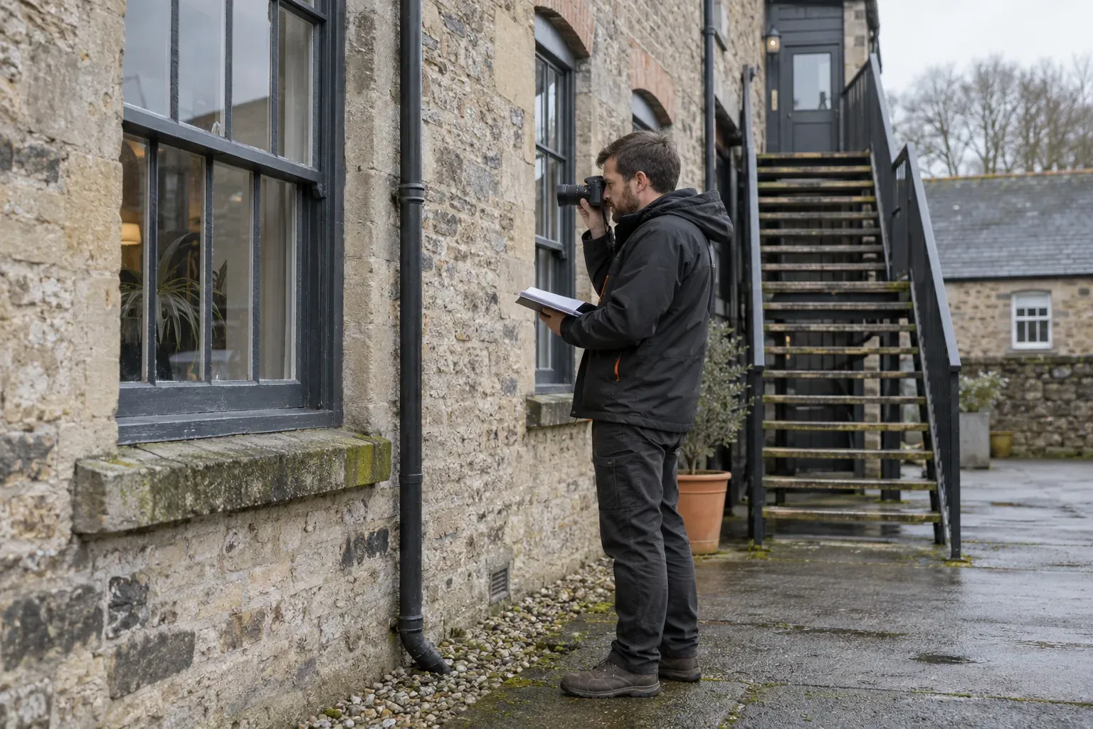 Surveyor photographing a building during an inspection