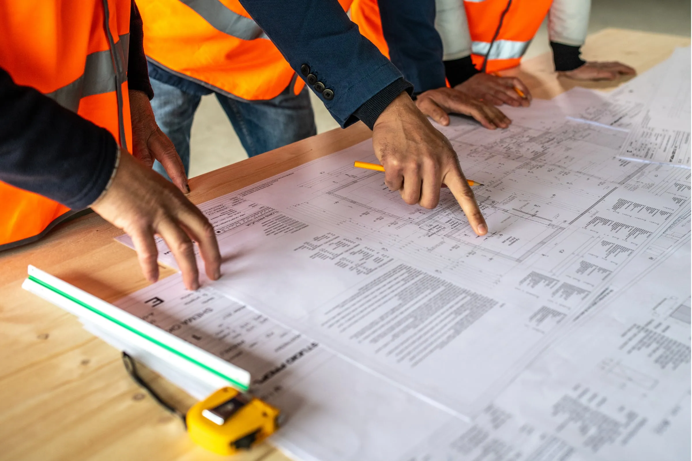 Design professionals reviewing construction drawings and measuring tools