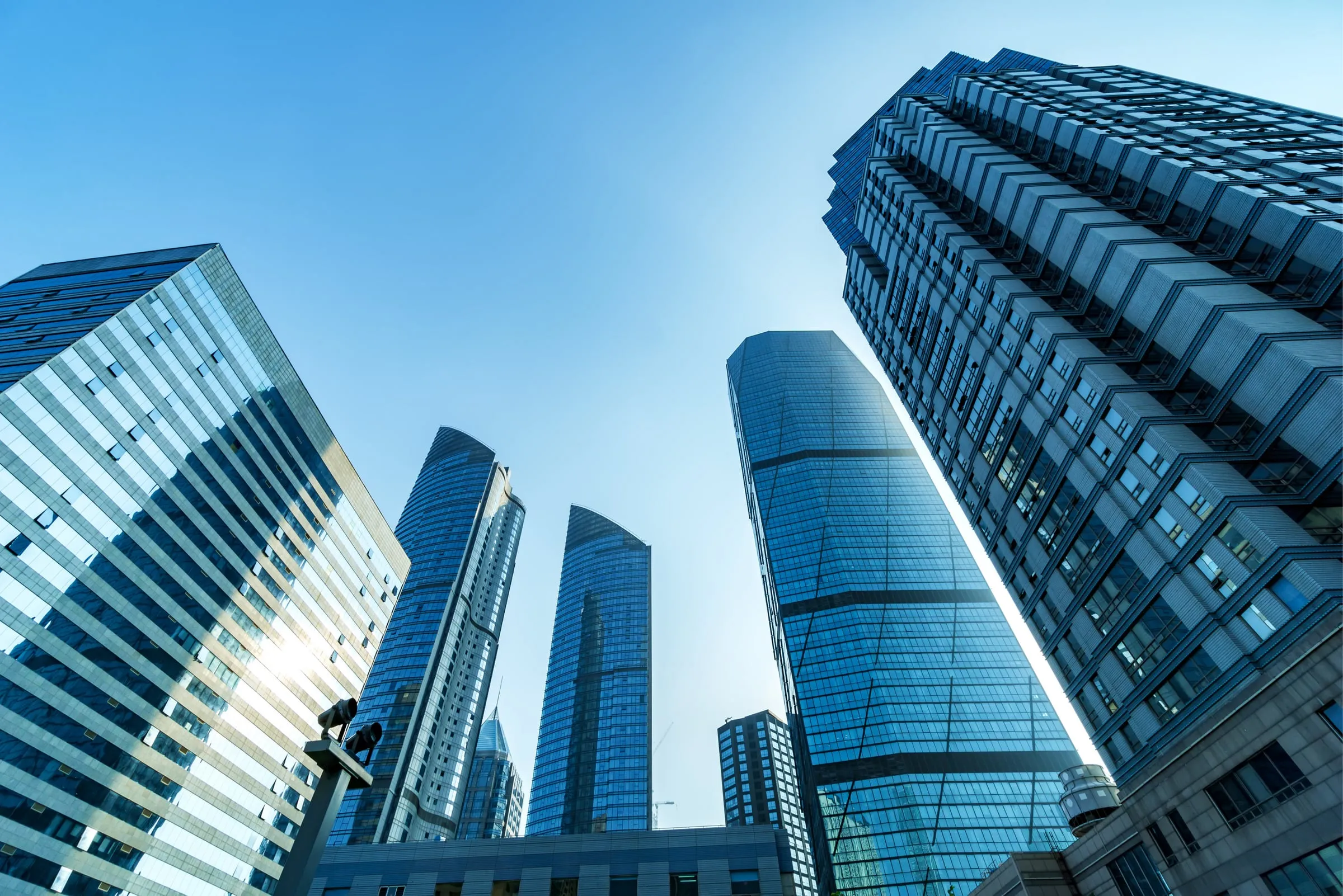 Commercial buildings seen from street level